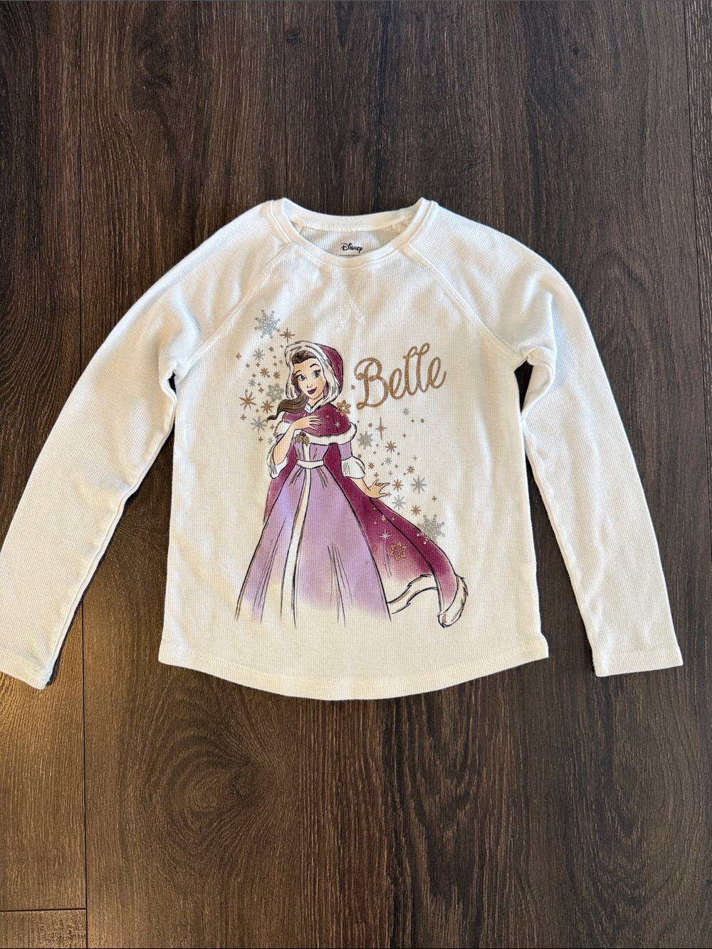 Disney White Long-Sleeve Belle Graphic Tee with Purple Accent, Size 7